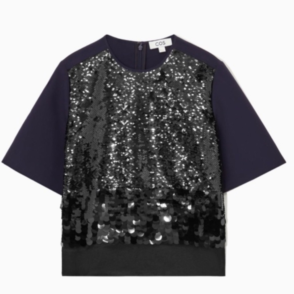COS Paneled Navy Blue Short Sleeve Blouse w/ Black Sequins - New W/ Tags - 2